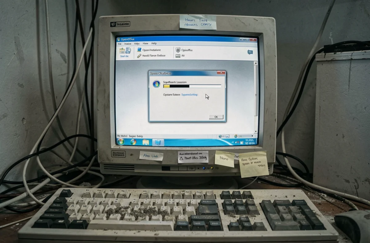 Écran d'ancien ordinateur affichant une erreur lors de la mise à jour OpenOffice avec clavier usé au premier plan