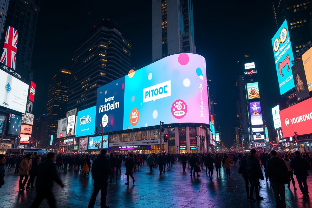 Ecran géant dans une place urbaine nocturne avec logos de réseaux sociaux