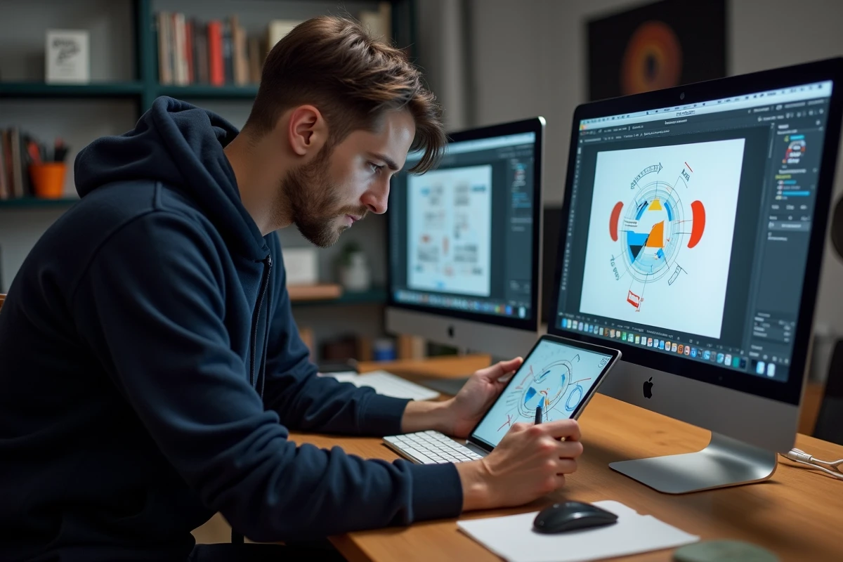 Homme annotant une capture d'écran macOS avec des outils Paint sur iMac dans un studio créatif