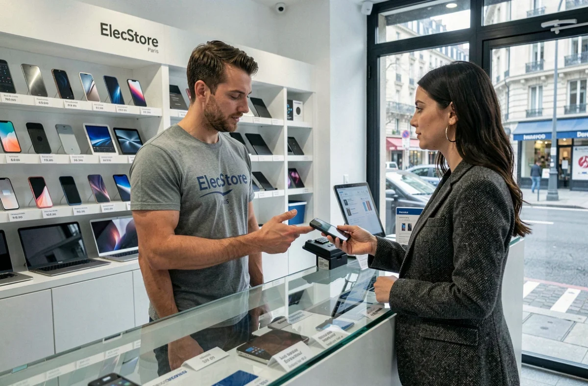 Intérieur du magasin ElecStore Paris avec un vendeur présentant un smartphone à une cliente devant un comptoir vitrine