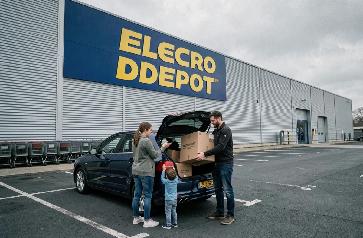 Extérieur d'un magasin Electro Depot près de Paris avec des clients chargeant un produit informatique dans leur voiture