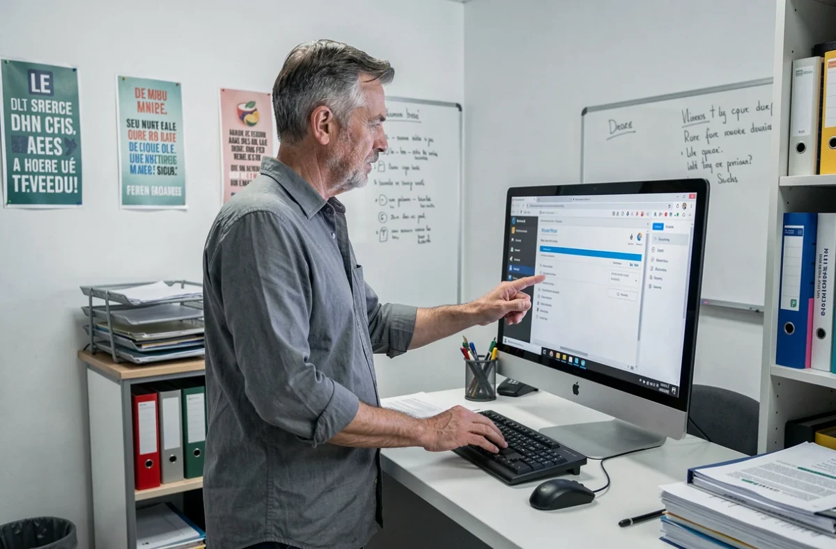 Enseignant masculin utilisant le webmail convergence sur un ordinateur de bureau dans un bureau administratif scolaire