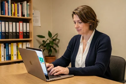 Enseignante connectée à son webmail sur un ordinateur portable dans une salle des professeurs à Orléans