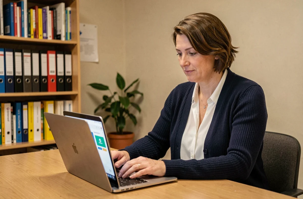 Enseignante connectée à son webmail sur un ordinateur portable dans une salle des professeurs à Orléans