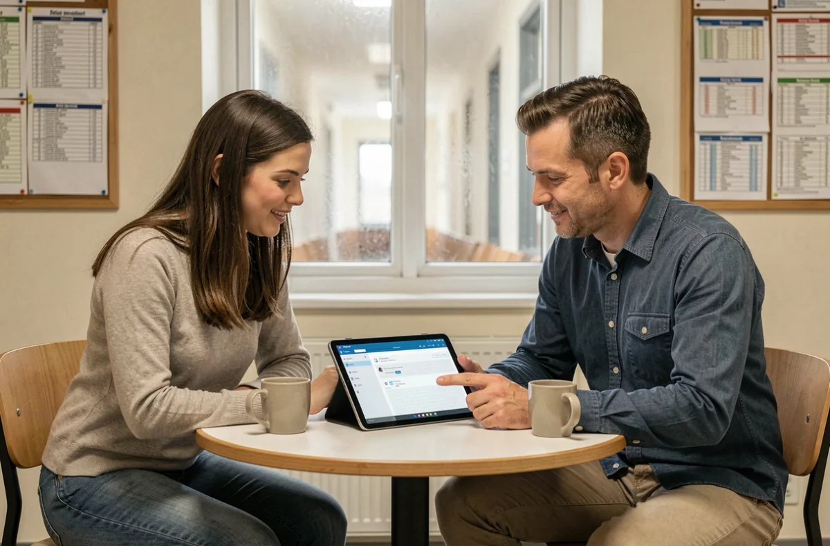 Deux enseignants collaborant sur le webmail convergence d'Orléans autour d'une tablette en salle de pause