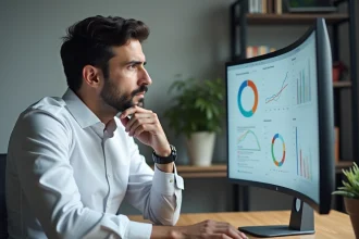 Entrepreneur analysant un comparatif d'outils marketing en ligne sur son écran dans un bureau moderne