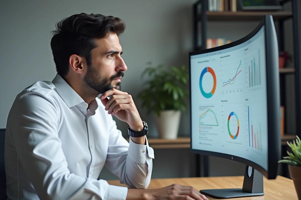 Entrepreneur analysant un comparatif d'outils marketing en ligne sur son écran dans un bureau moderne