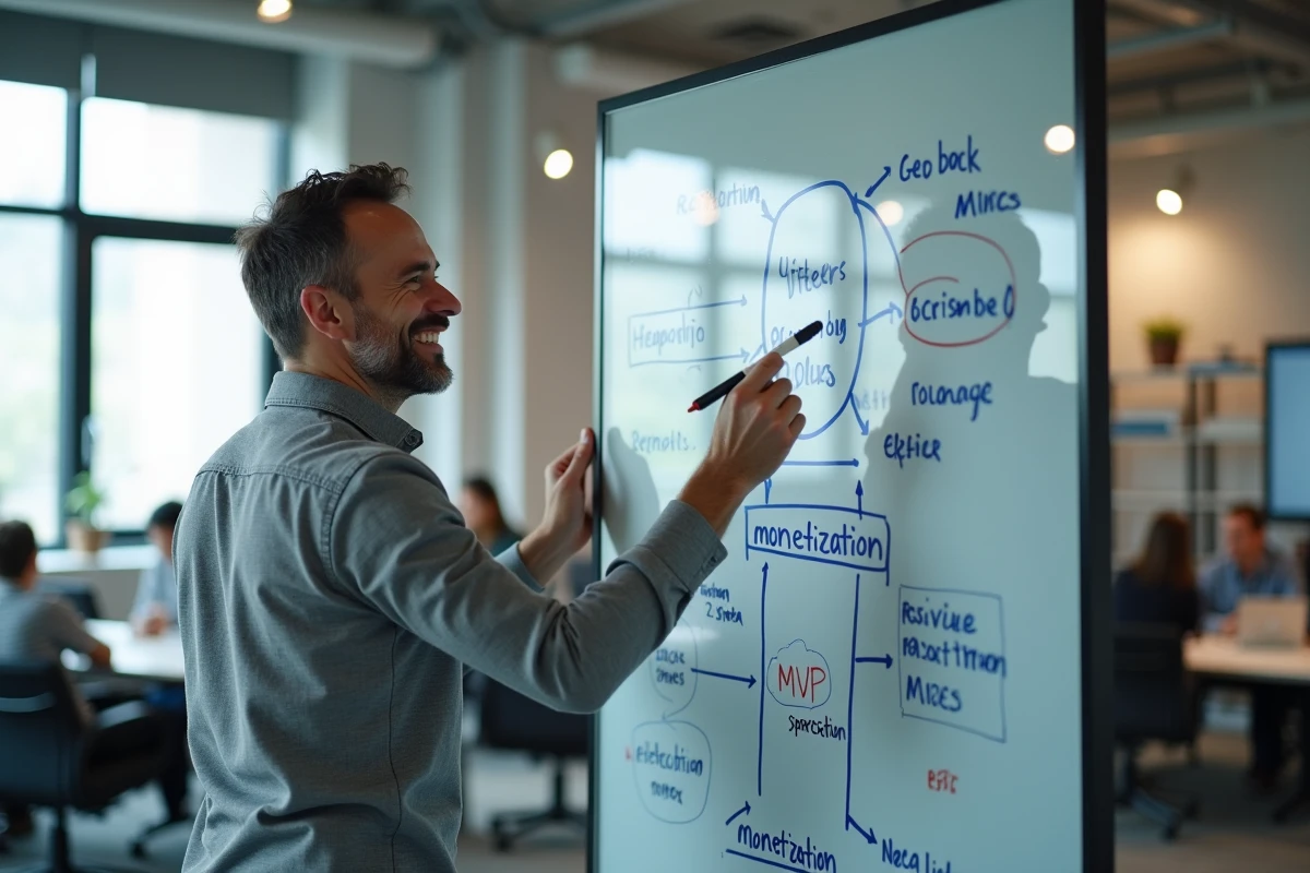 Entrepreneur masculin présentant un plan de business model sur un tableau blanc dans un bureau de startup