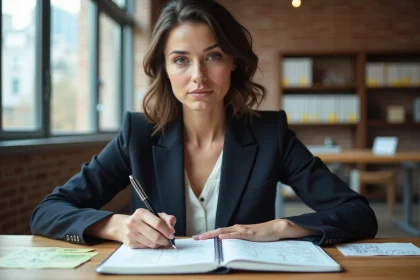 Entrepreneuse concentrée prenant des notes dans un espace de coworking moderne pour transformer son idée en business rentable