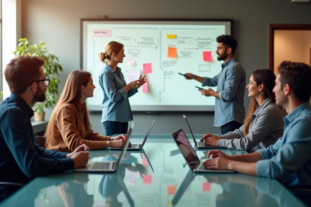Equipe diverse en réunion pour définir objectifs site web