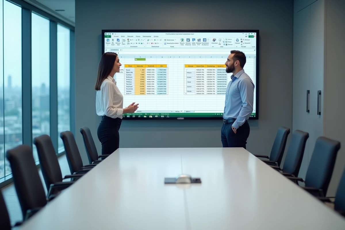 Deux collègues en salle de réunion analysant un processus de nettoyage de base de données clients sur Excel