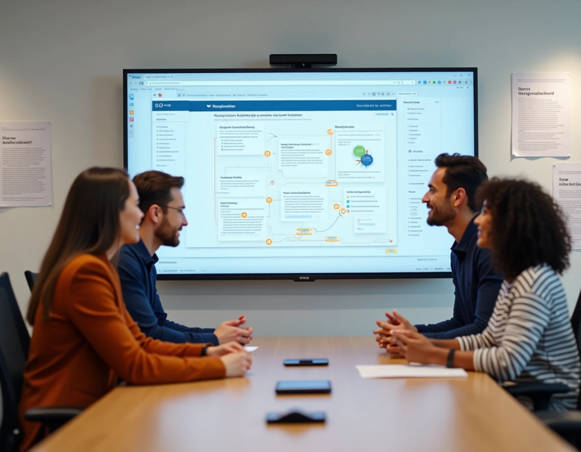 Équipe de professionnels UX analysant les critères d'accessibilité d'une page web HTML sur un grand écran dans un studio de design collaboratif
