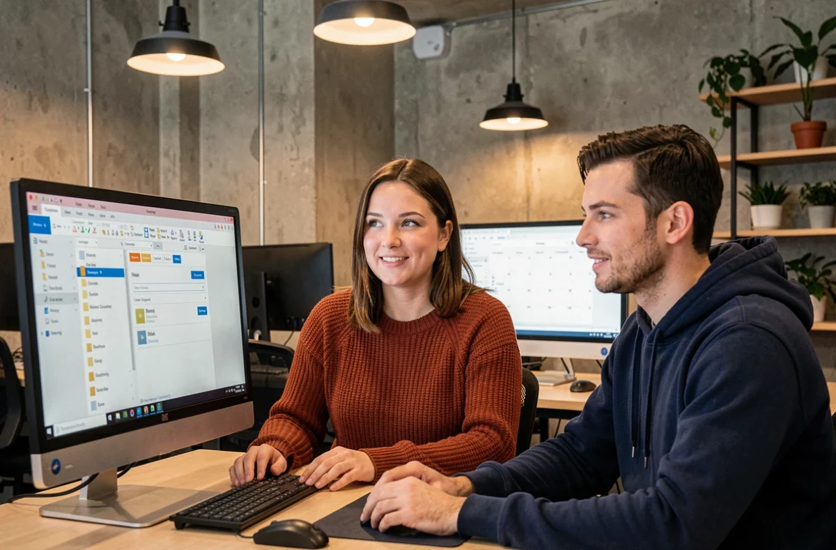 Deux collègues utilisant Webmail Toulouse sur des écrans doubles dans un espace de coworking moderne