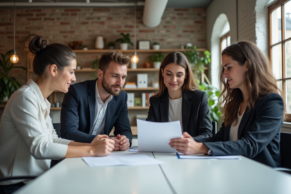 Groupe de quatre collègues de bureau collaborant
