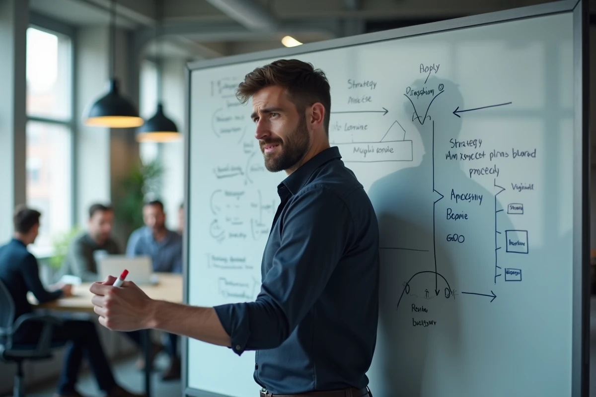 Entrepreneur corrigeant une stratégie incorrecte sur tableau blanc dans un espace de coworking