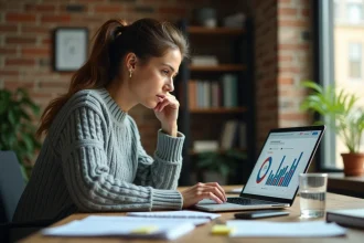 Femme entrepreneur repérant une erreur sur son tableau de bord Grovop depuis son bureau à domicile