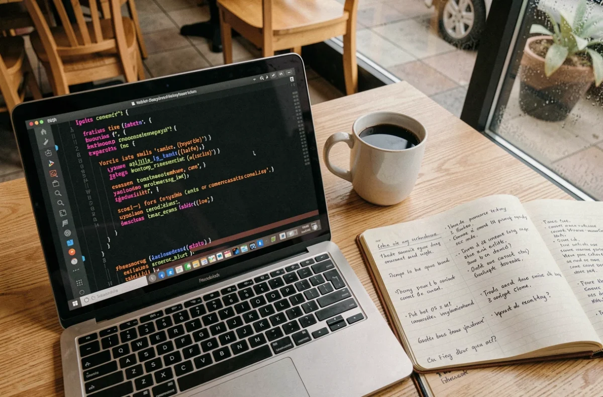 Gros plan sur un terminal bash avec des erreurs de commande shell sur un ordinateur portable dans un café, accompagné d'un cahier de notes
