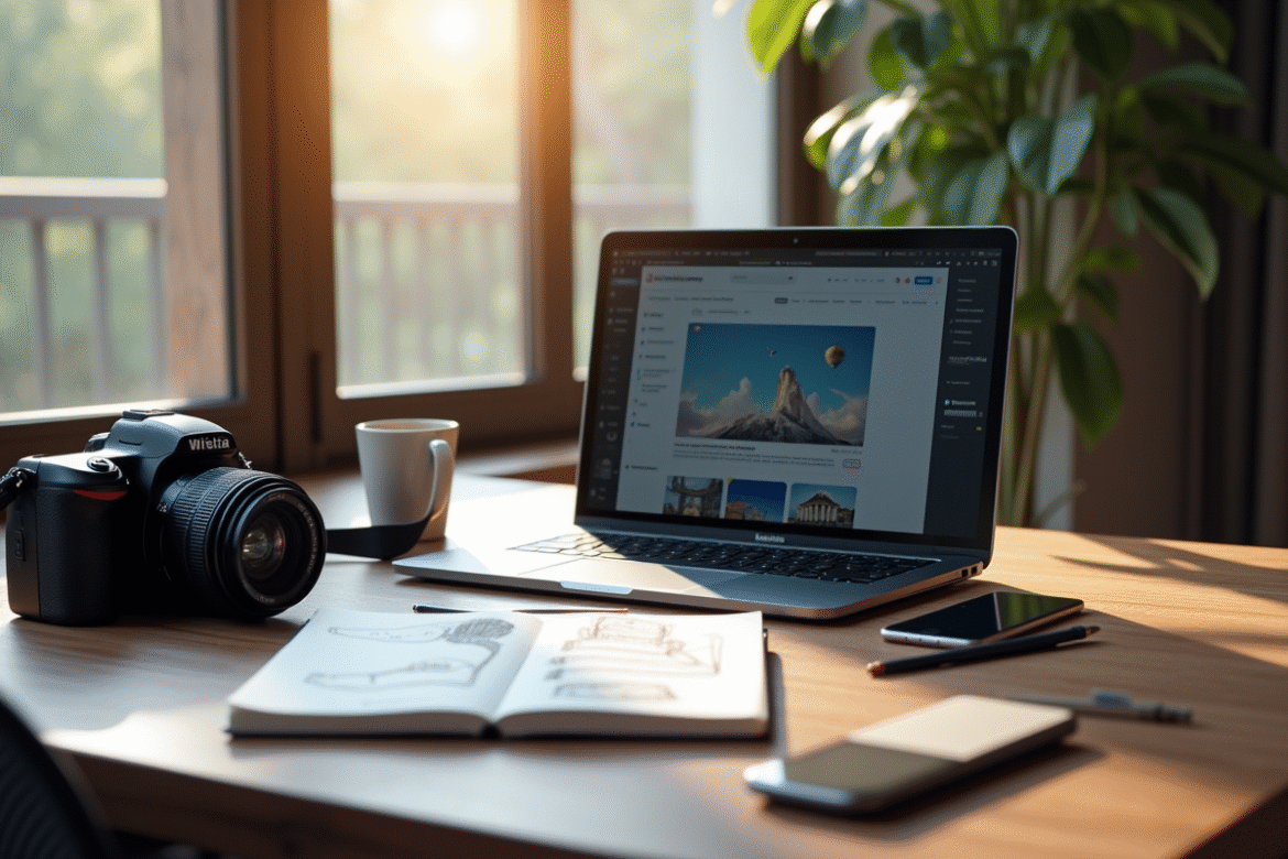 Espace de travail créatif avec ordinateur et caméra pour vidéo marketing