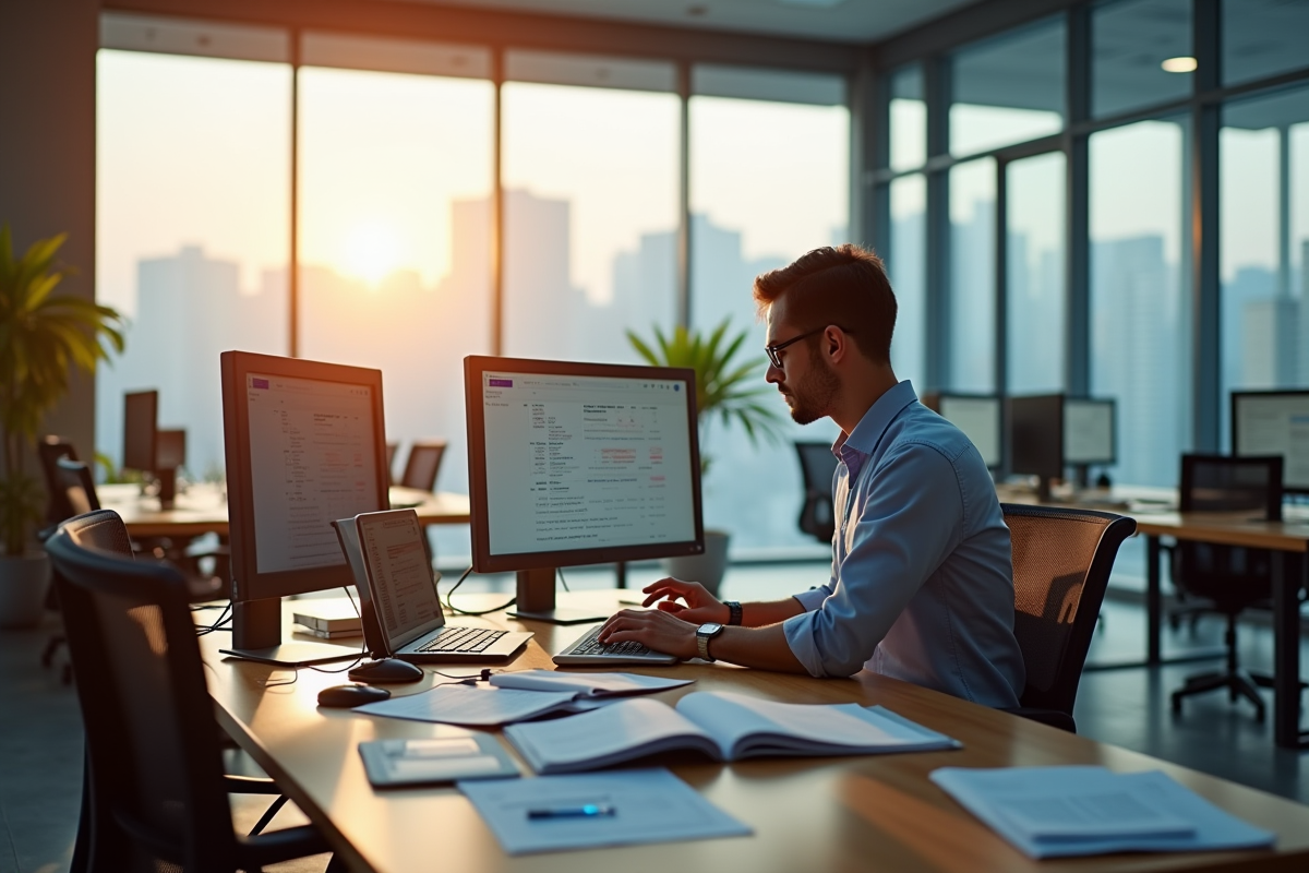 Employé concentré sur son écran avec documents et fournitures