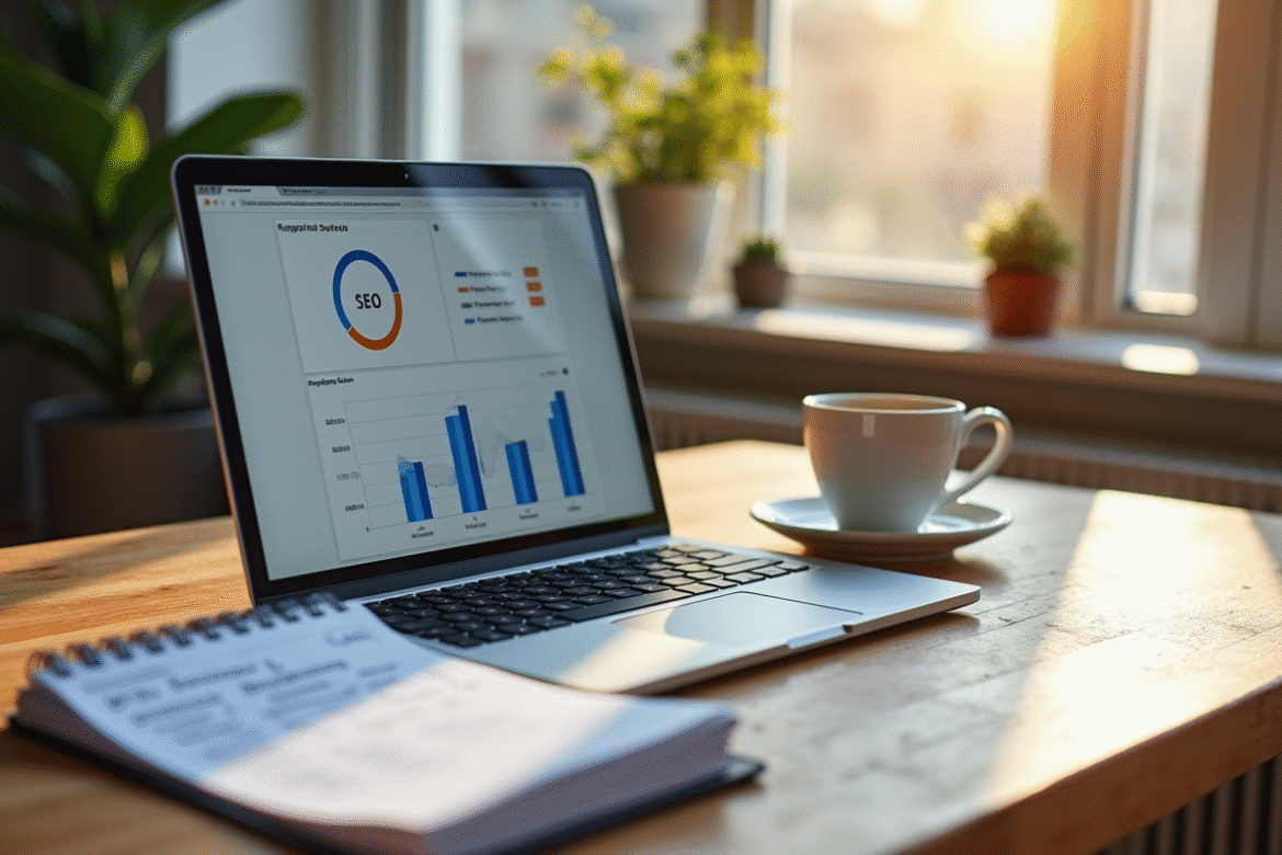 Espace de travail moderne avec ordinateur et notes SEO