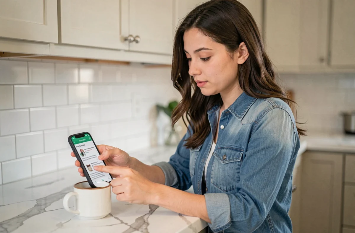 Jeune femme suivant les étapes d'activation de EDocPerso fr sur son smartphone dans une cuisine moderne