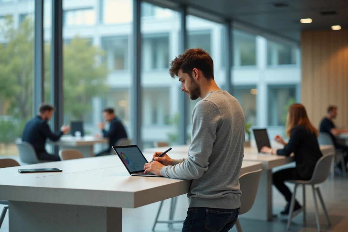 Étudiant en droit consultant une interface d'IA juridique sur tablette dans un espace de travail moderne d'université