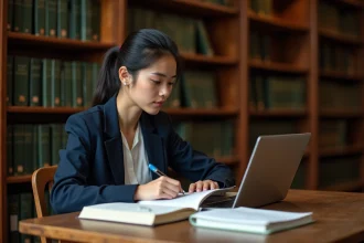 Étudiante en droit utilisant un outil d'intelligence artificielle juridique sur son ordinateur dans une bibliothèque universitaire