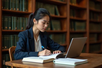 Étudiante en droit utilisant un outil d'intelligence artificielle juridique sur son ordinateur dans une bibliothèque universitaire
