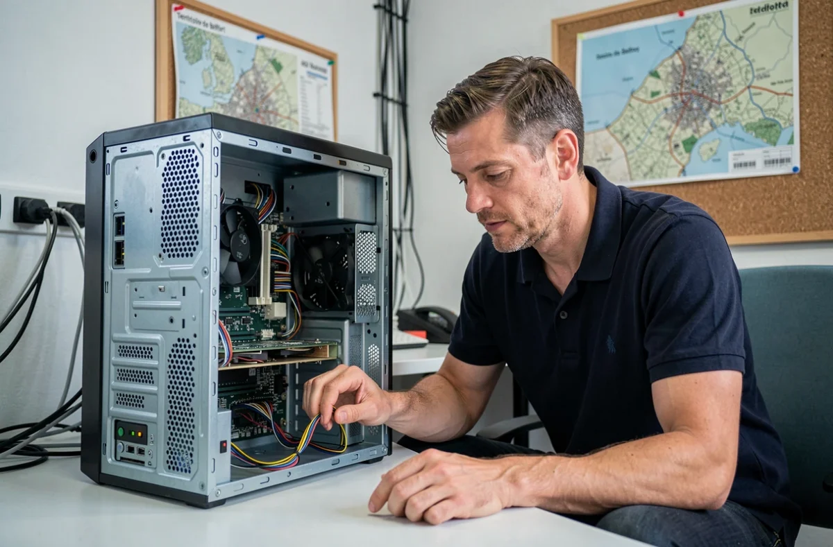 Technicien informatique d'Expertis IT diagnostiquant un ordinateur de bureau dans le Territoire de Belfort