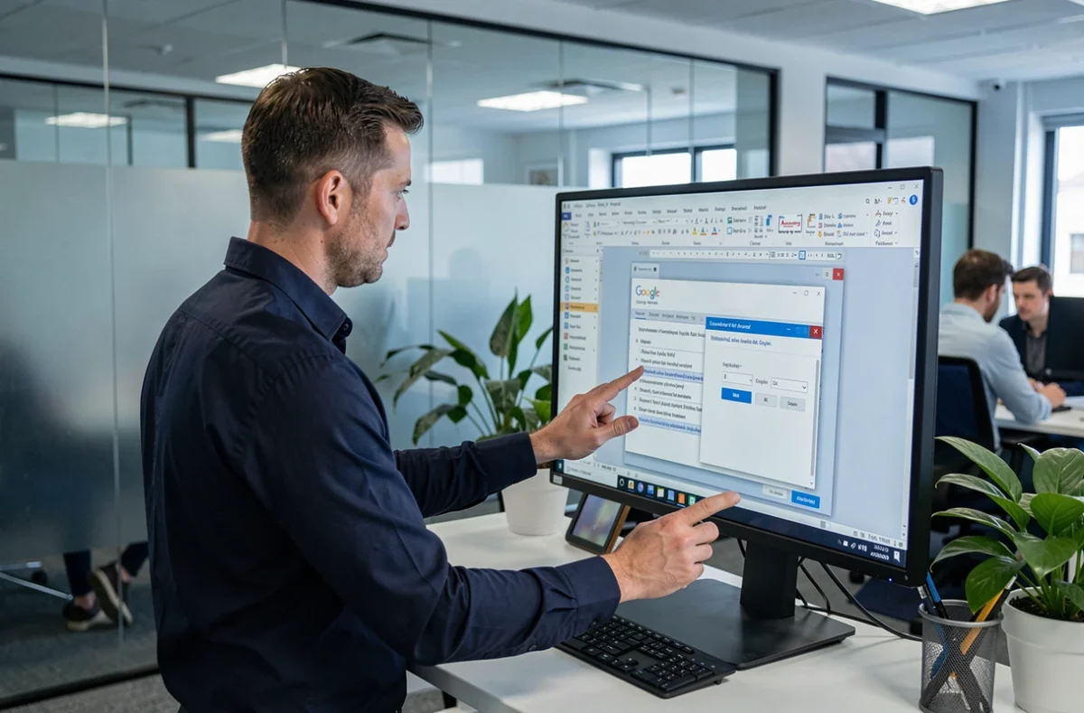 Homme exportant un document Google Docs en PDF avec table des matières dans un bureau moderne