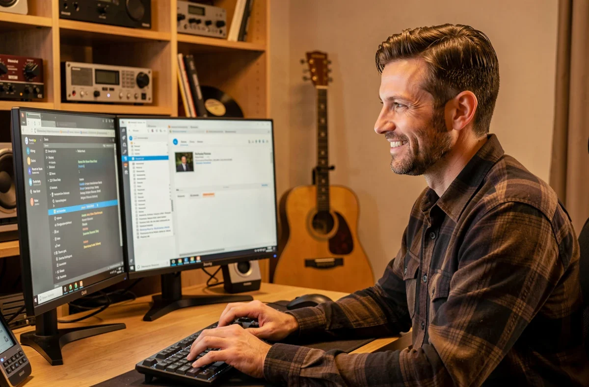 Technicien de Fabien Music Informatique effectuant un dépannage informatique à distance dans son bureau-studio en Bourgogne