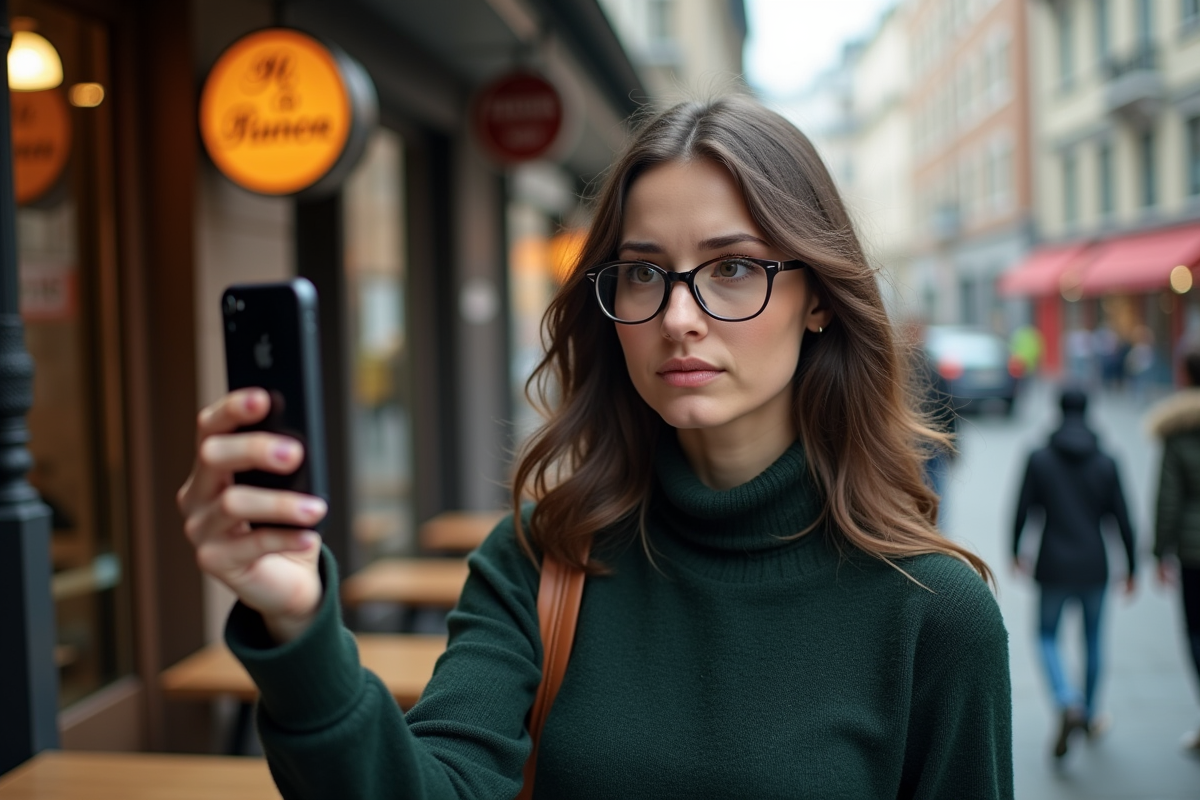 Femme regardant son smartphone avec erreur 404 en extérieur