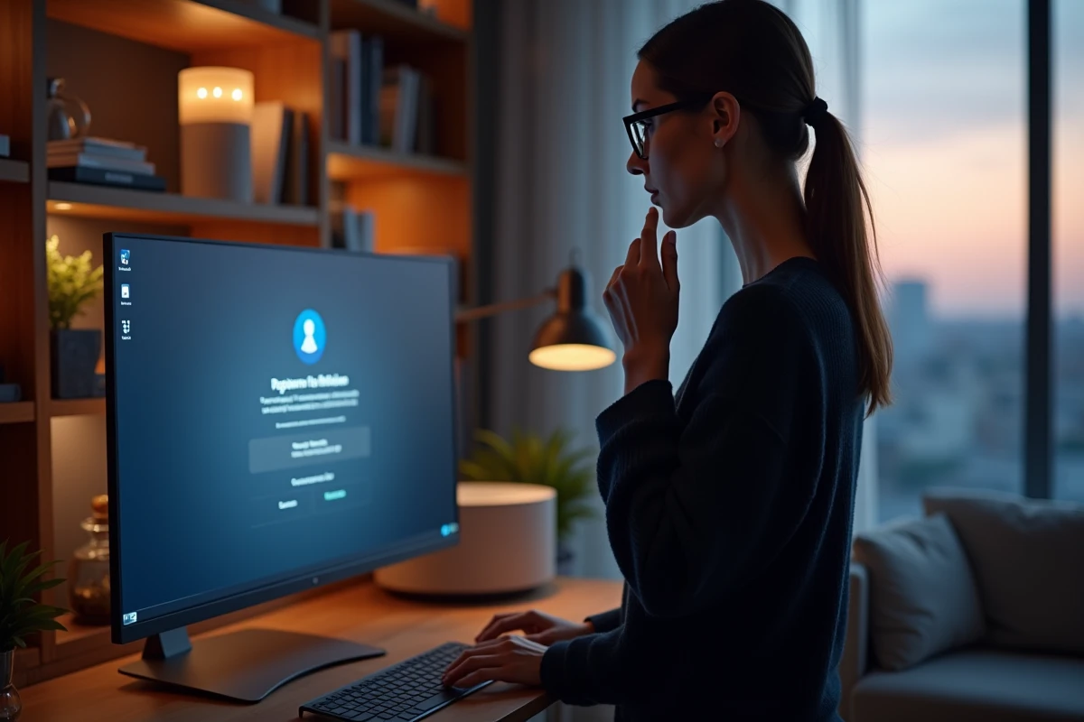 Femme lisant des instructions d activation sur son écran dans le salon