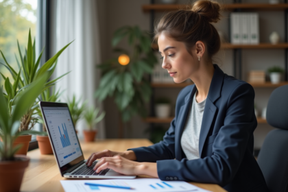 Jeune femme analysant des graphiques SEO sur son ordinateur