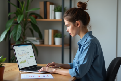 Jeune femme travaillant sur un ordinateur avec analytics Shopify