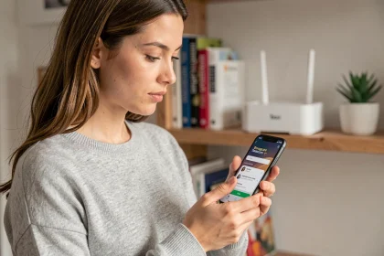 Femme consultant l'application Bouygues Telecom sur son smartphone pour trouver le code WiFi de sa Bbox