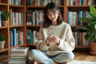 Jeune femme consultant une application de suivi de mangas sur smartphone entourée de volumes manga soigneusement rangés