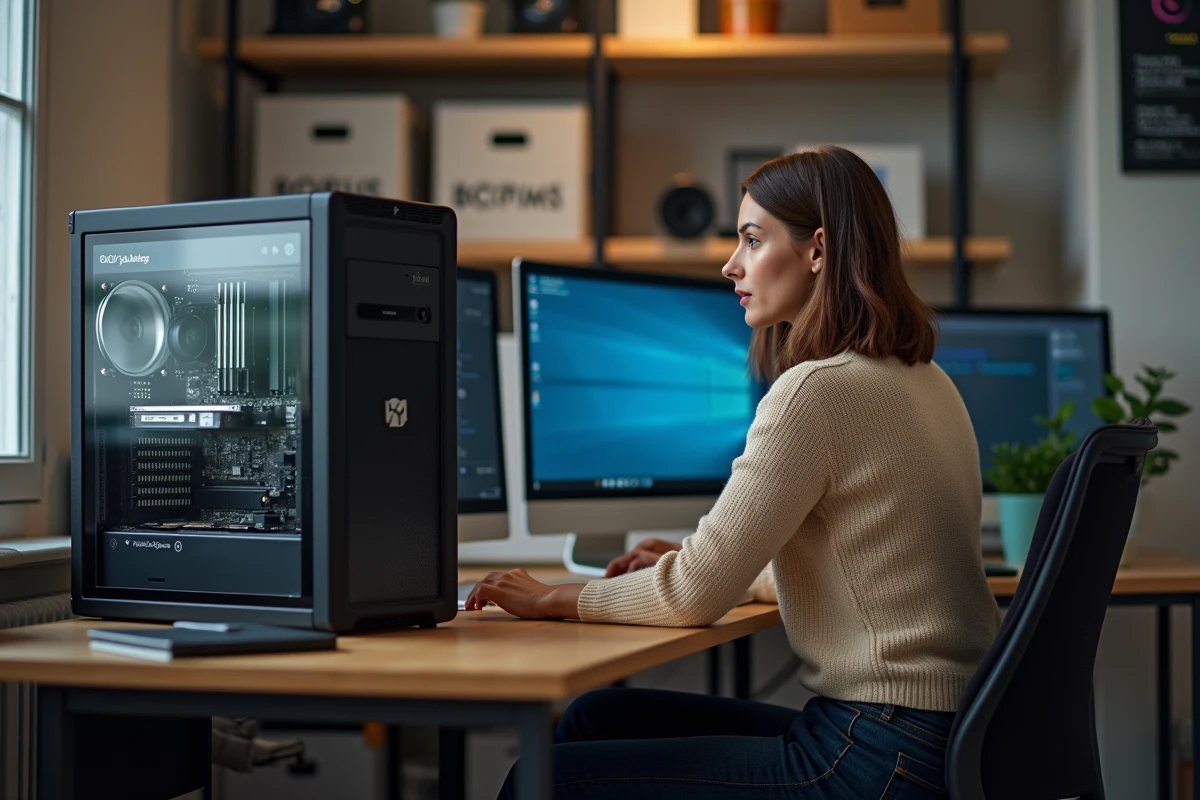 Femme lisant un écran BIOS sur un bureau organisé