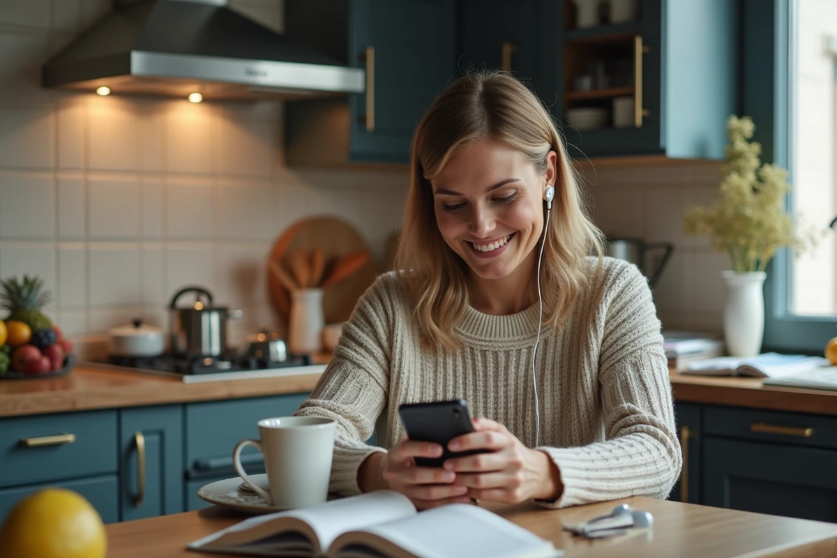 Femme souriante avec smartphone dans la cuisine