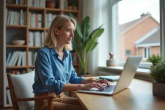 Femme travaillant sur son ordinateur dans un bureau lumineux
