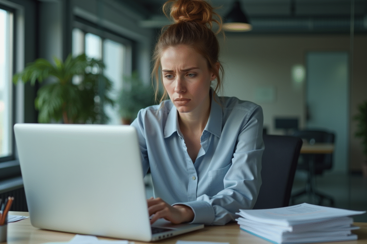 Jeune femme au bureau regardant sa boîte mail