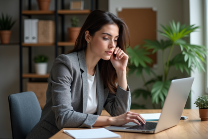Femme en bureau moderne examinant un texte numérique