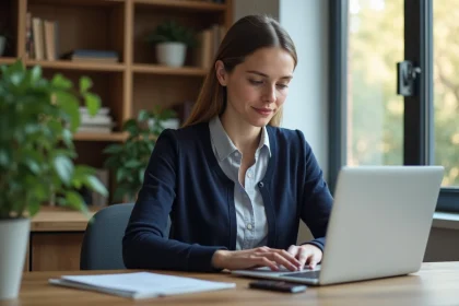 Femme concentrée utilisant son ordinateur dans un bureau moderne