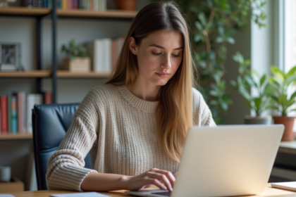 Jeune femme travaillant sur un ordinateur dans un bureau lumineux
