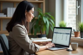 Femme d'âge moyen travaillant sur Excel dans un bureau à domicile