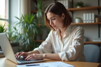 Femme au bureau organisé travaillant sur son ordinateur