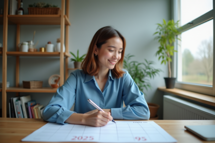 Jeune femme marque dates sur calendrier 2025 dans son bureau