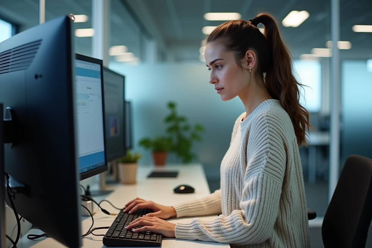 Femme connecte un câble Ethernet dans un bureau IT moderne