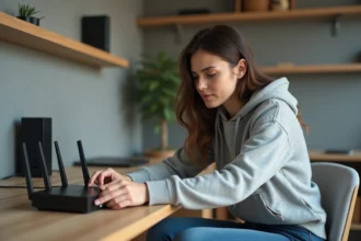 Jeune femme connectant un câble ethernet à un routeur moderne