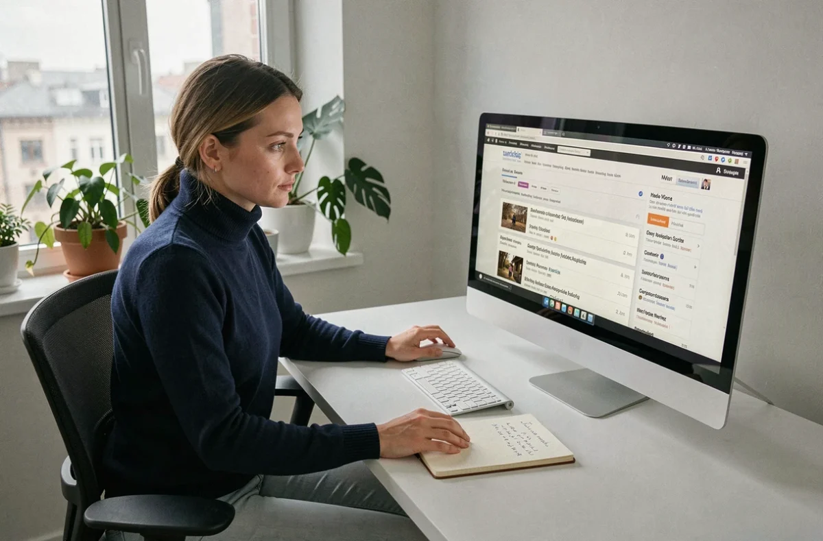 Femme consultant un site d'archive de forum JVC pour retrouver un ancien pseudonyme sur ordinateur de bureau